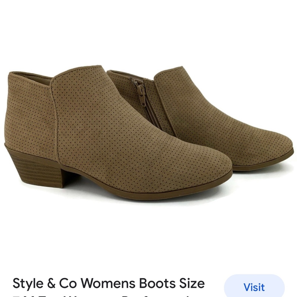 Style & Co Womens Boots Size 6.5M Tan Warrenn Perforated Booties Size Zip Almond